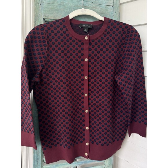Ann Taylor Burgundy Polka Dot Cardigan Button Up M Nylon Sweater NWT - Picture 1 of 7